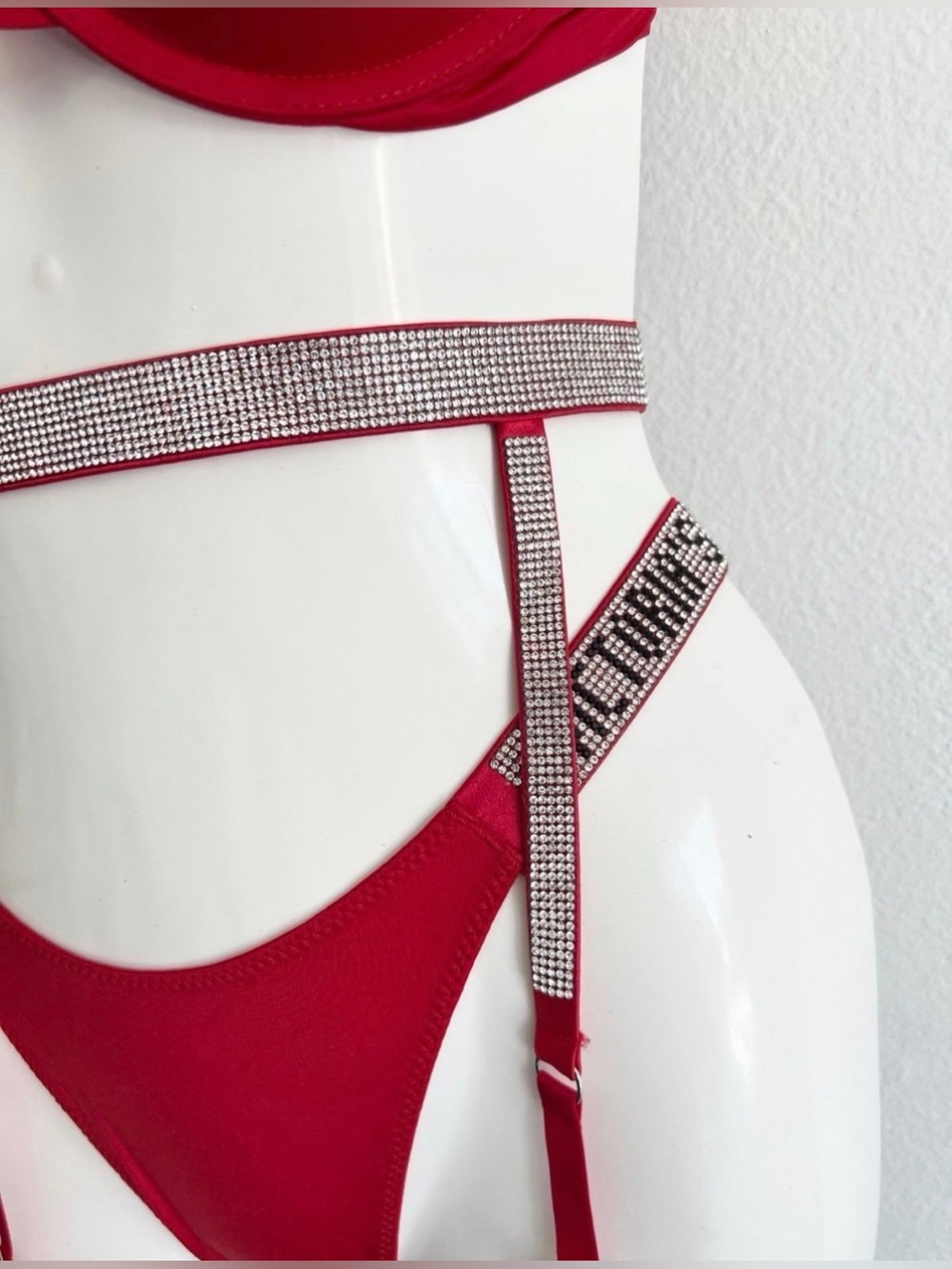 Red Rhinestone Strap Lingerie Set - Picture 9 of 12